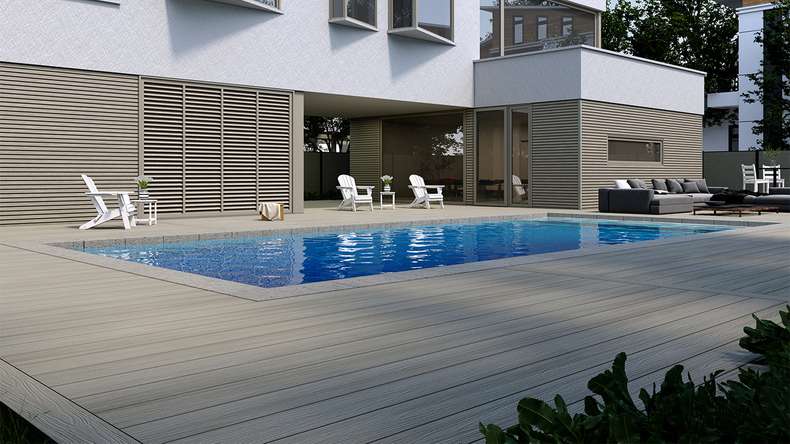 planeo MAXLine Nature - WPC CoEx lame de terrasse XL gainée chambre creuse - gris clair 3m structuré/lisse brossé