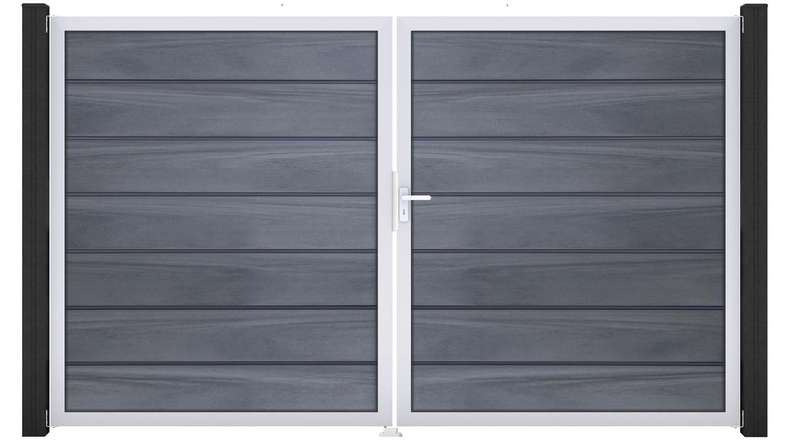 planeo Gardence Deluxe - Portail BPC - À deux vantaux, gris pierre, co-extrudé avec cadre en aluminium