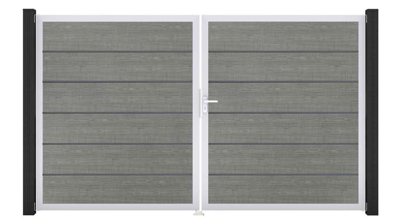 planeo Gardence Simply Premium - Portail en PVC à deux vantaux « Grey Ash Cut » avec cadre en aluminium, 300 x 180 cm