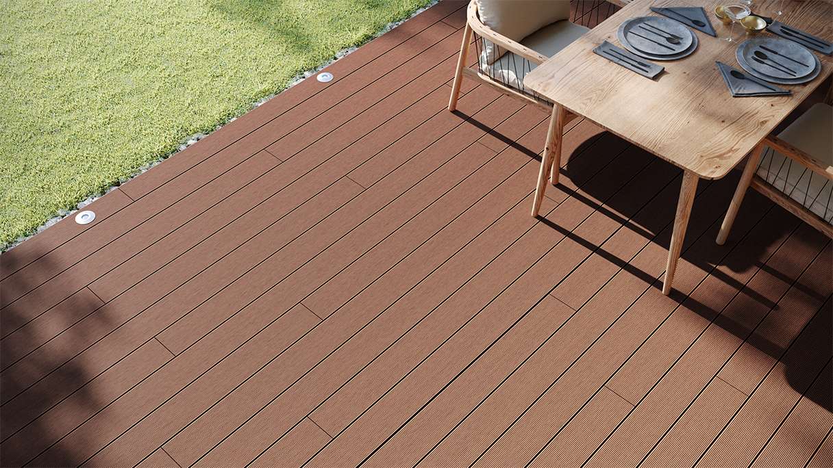planeo LineWood Lame de terrasse WPC massif - marron clair 3m rainuré/cannelé