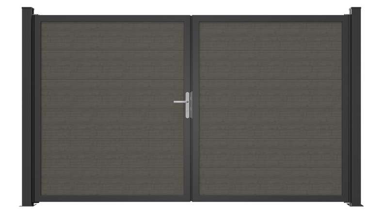 planeo Gardence Simply Guard - Portail en PVC - À deux vantaux, modèle « Grey Ash Cut » avec cadre en aluminium, 300 x 180 cm