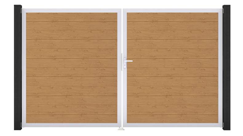 planeo Gardence Simply Small - Porte en PVC - DIN droite 2 vantaux chêne cendré naturel avec cadre aluminium argenté | EV1 300 x 180 cm