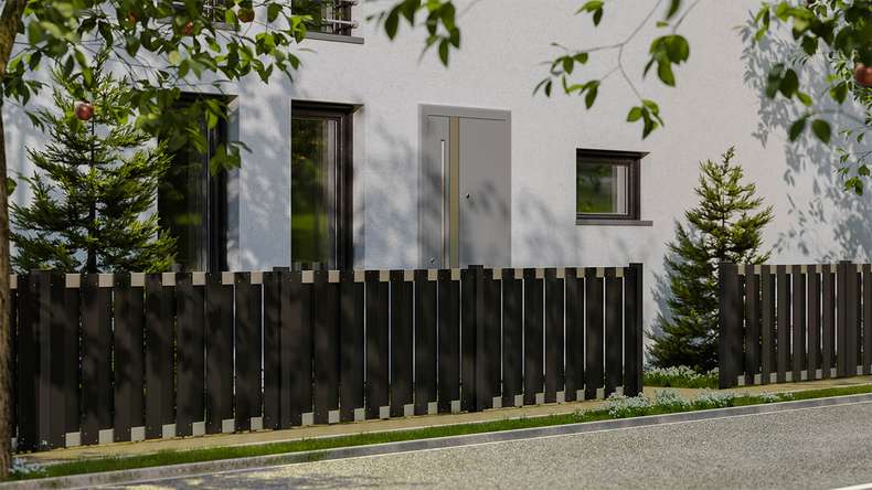 planeo Gardence Premade - Clôture de jardin BPC Clôture d'avant-cour Anthracite avec EV1 argent Traverse 180 x 90cm