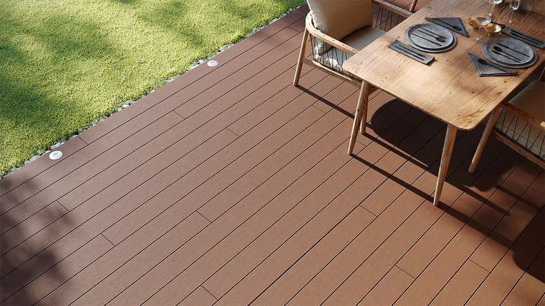 planeo LightWood WPC Lame de terrasse alvéolaire - brun clair 3.6m rainuré/cannelé
