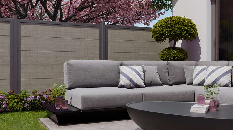 planeo Gardence Simply Guard - Clôture de jardin en PVC Grey Ash Cut avec cadre en aluminium anthracite 180 x 180 cm