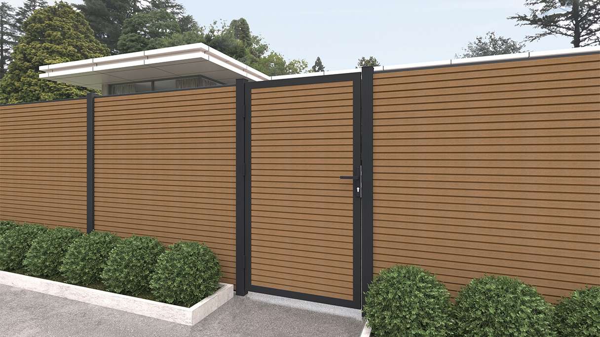 planeo LINEA - WPC CoEx Rhombus Porte universelle Burma Teck avec cadre alu anthracite 100 x 180 cm