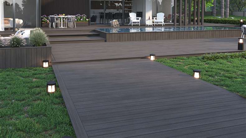 planeo WOODLine Nature - Lame de terrasse WPC CoEx enrobée chambre creuse - gris foncé 3m structuré/lisse brossé