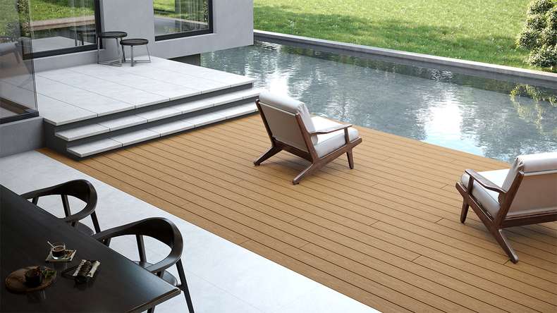 planeo CoEXWood Lame de terrasse WPC massif enrobé - Sable/Caramel 4.8m structuré