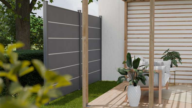 planeo Gardence Simply Premium - Clôture à emboîter en PVC gris anthracite avec pilastres en anthracite 180 x 180 cm
