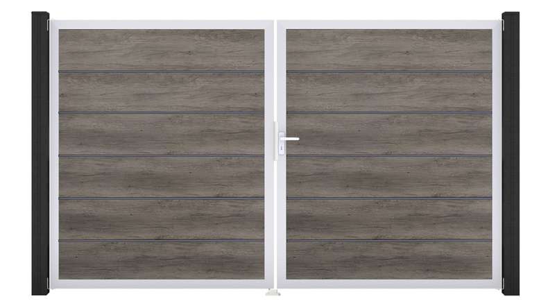 planeo Gardence Simply Premium - Portail en PVC à deux vantaux, couleur Monument Oak, avec cadre en aluminium, 300 x 180 cm