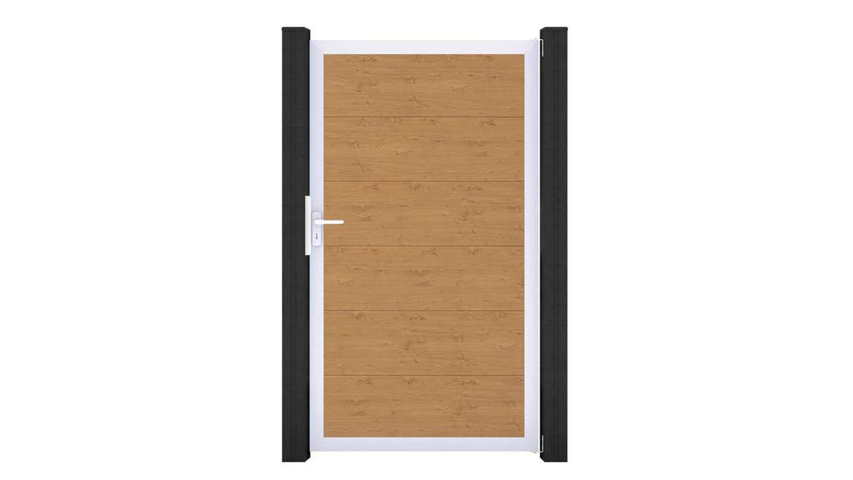 planeo Gardence Simply - Portail universel en PVC « chêne noueux naturel » avec cadre en aluminium, 100 x 180 cm