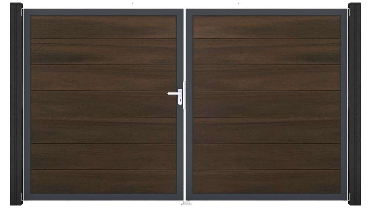 planeo Gardence Strong XL - Portail BPC - 2 vantaux, finition noyer co-ex avec cadre en aluminium