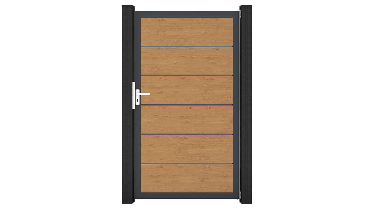planeo Gardence Simply Premium - Portail universel en PVC « Chêne noueux naturel » avec cadre en aluminium, 100 x 180 cm