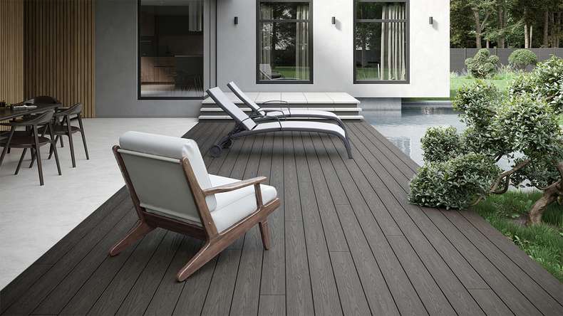 planeo CoEXWood Lame de terrasse WPC massif enrobé - gris/ciment 3m structuré
