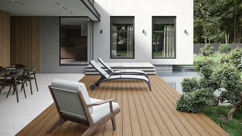 planeo CoEXWood Kit complet de terrasse en WPC Plancher massif - Sable/Caramel structuré