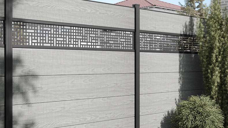 planeo Gardence Simply - Clôture PVC à emboîter Carré Grey Ash Cut Oak 180x180 cm