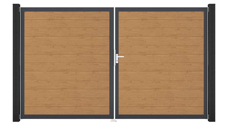 planeo Gardence Simply Small - Portail en PVC à deux battants, finition chêne naturel, avec cadre en aluminium, 300 x 180 cm