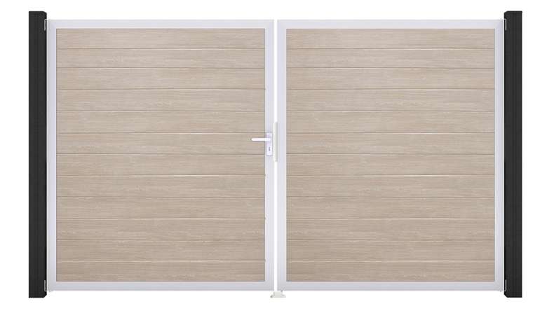 planeo Gardence Simply Small - Portail en PVC à deux vantaux, coloris Sheffield Oak, avec cadre en aluminium, 300 x 180 cm