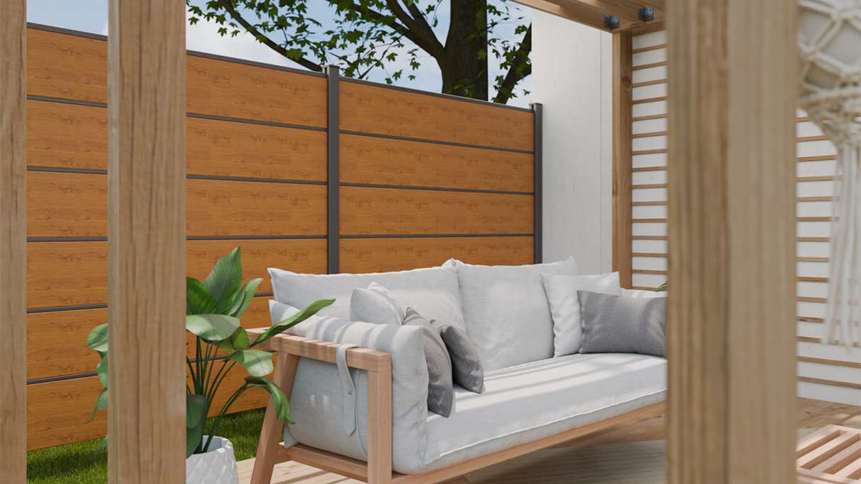 planeo Gardence Simply Premium - Clôture PVC à emboîter chêne cendré naturel avec pilastres anthracite 180 x 180 cm