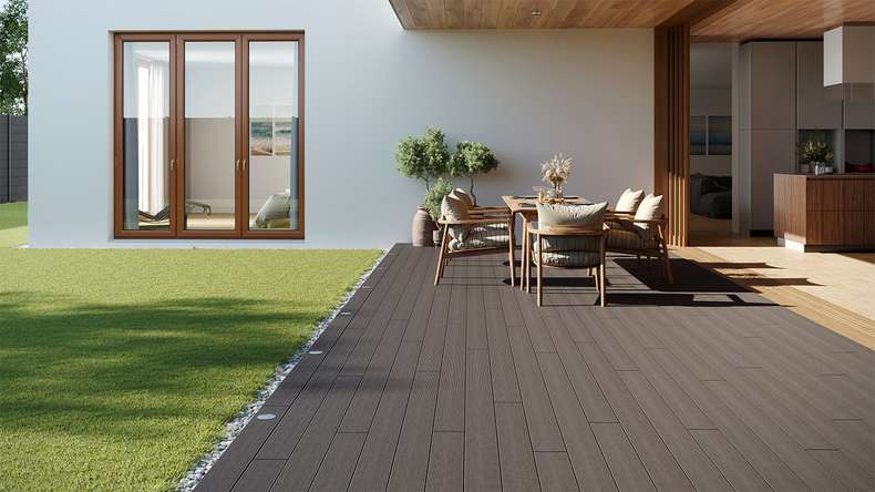 planeo LineWood Lame de terrasse WPC massif - gris clair 3m rainuré/cannelé