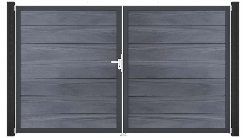 planeo Gardence Strong XL - Portail BPC - 2 vantaux, gris pierre, co-extrudé avec cadre en aluminium