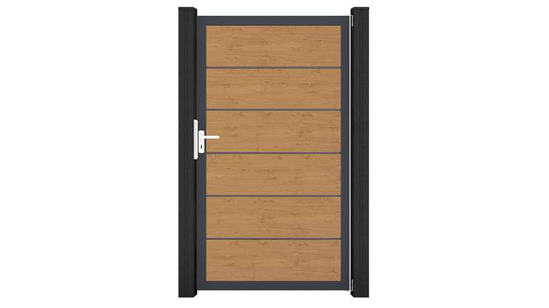 planeo Gardence Simply Premium - Portail universel en PVC « Chêne noueux naturel » avec cadre en aluminium, 100 x 180 cm