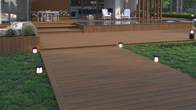 planeo WOODLine Nature - Lame de terrasse alvéolaire revêtue de WPC CoEx - Burma Teak 3m structuré/lisse brossé