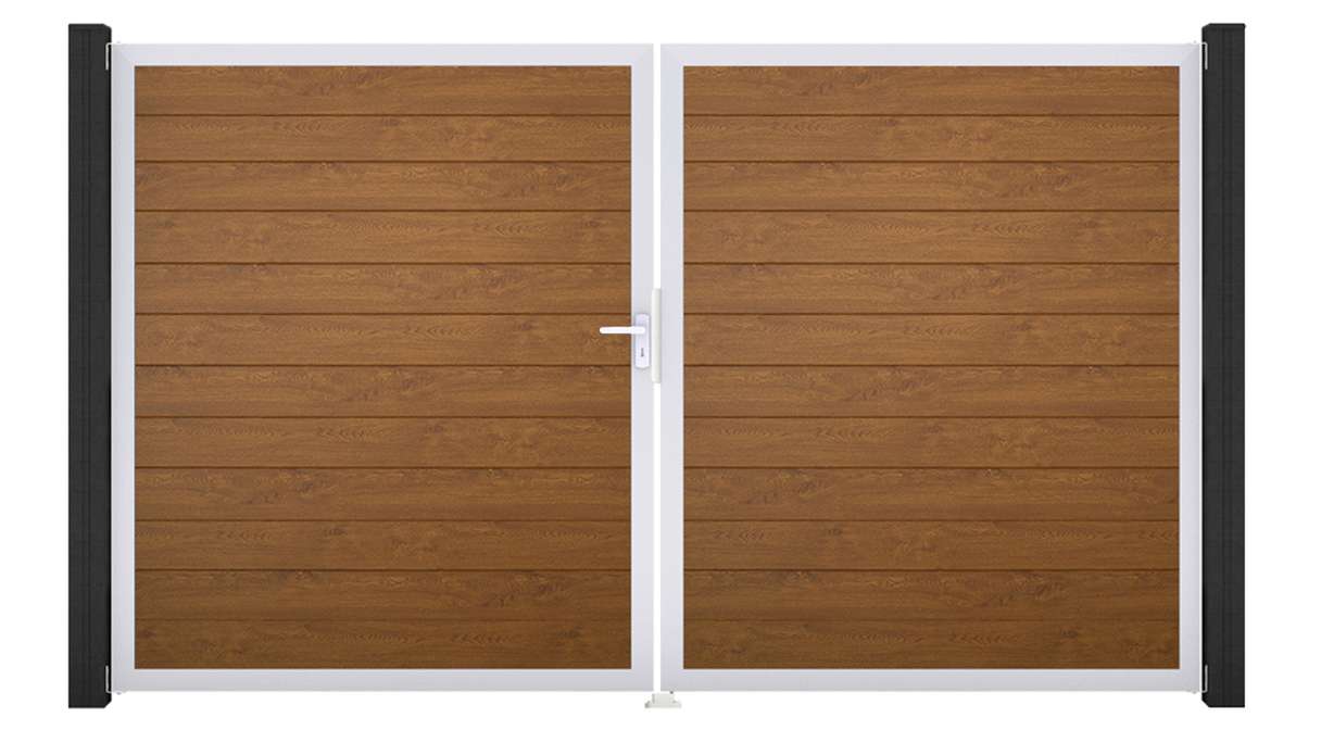 planeo Gardence Simply Small - Portail en PVC à deux vantaux, couleur Golden Oak, avec cadre en aluminium, 300 x 180 cm
