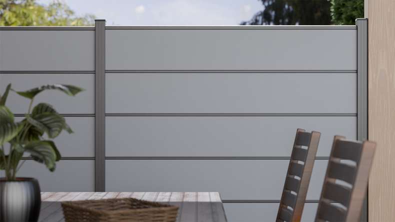 planeo Gardence Simply Premium - Clôture à emboîter en PVC gris argenté avec pilastres anthracite 180 x 180 cm