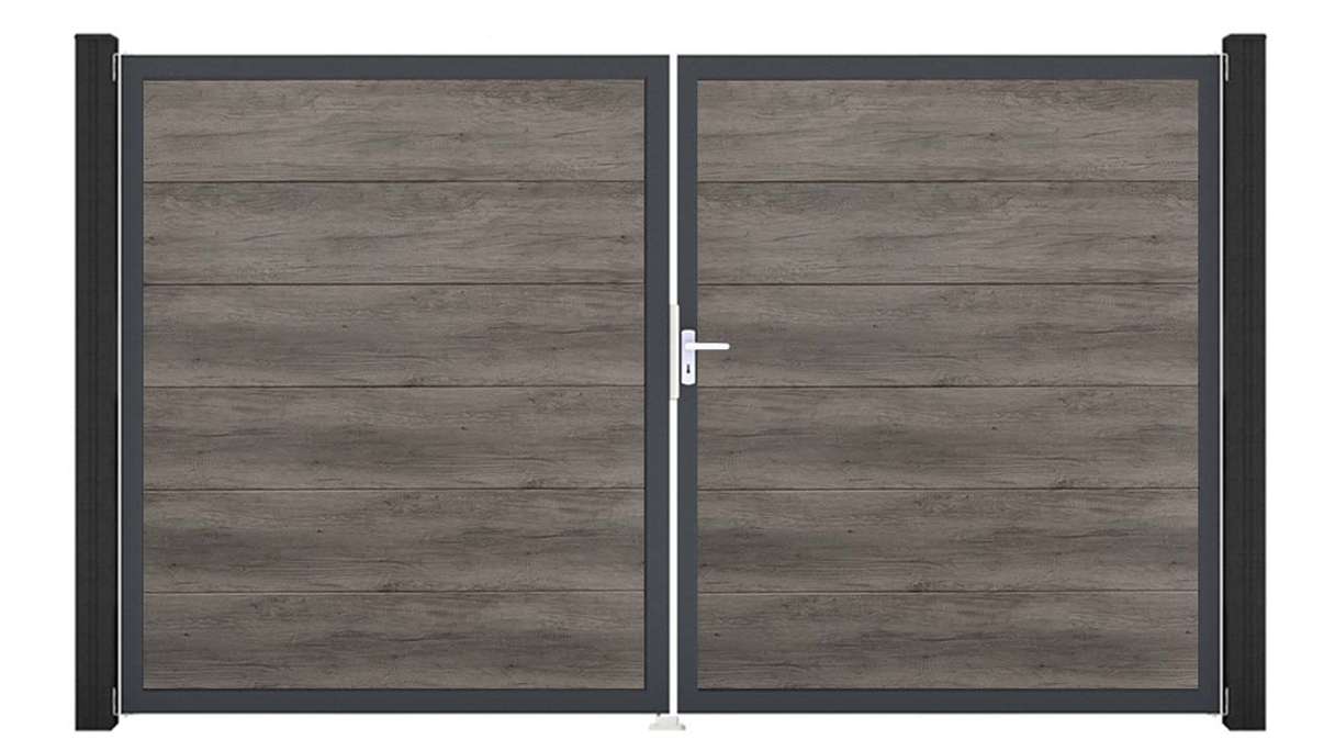 planeo Gardence Simply - Portail en PVC à deux vantaux, coloris Monument Oak, avec cadre en aluminium
