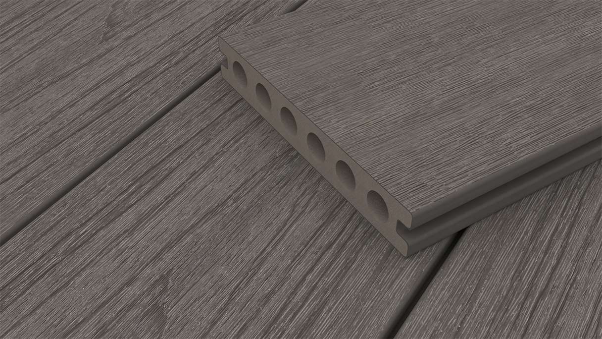 planeo WOODLine Nature - Lame de terrasse WPC CoEx enrobée chambre creuse - gris foncé 3m structuré/lisse brossé