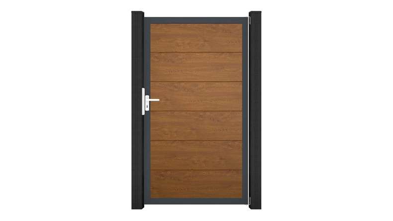planeo Gardence Simply - Portail universel en PVC « Golden Oak » avec cadre en aluminium, 100 x 180 cm