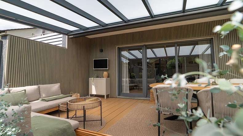 planeo MAXLine Nature - WPC CoEx lame de terrasse XL gainée chambre creuse - sable 3m structuré/lisse brossé
