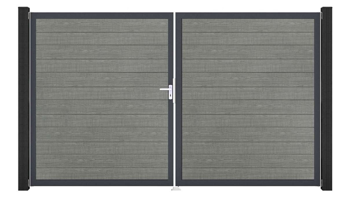 planeo Gardence Simply Small - Portail en PVC à deux vantaux « Grey Ash Cut » avec cadre en aluminium, 300 x 180 cm