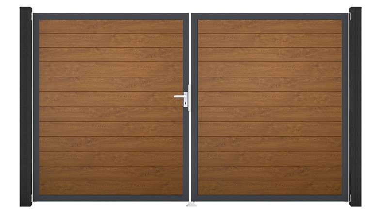 planeo Gardence Simply Small - Portail en PVC à deux vantaux, couleur Golden Oak, avec cadre en aluminium, 300 x 180 cm