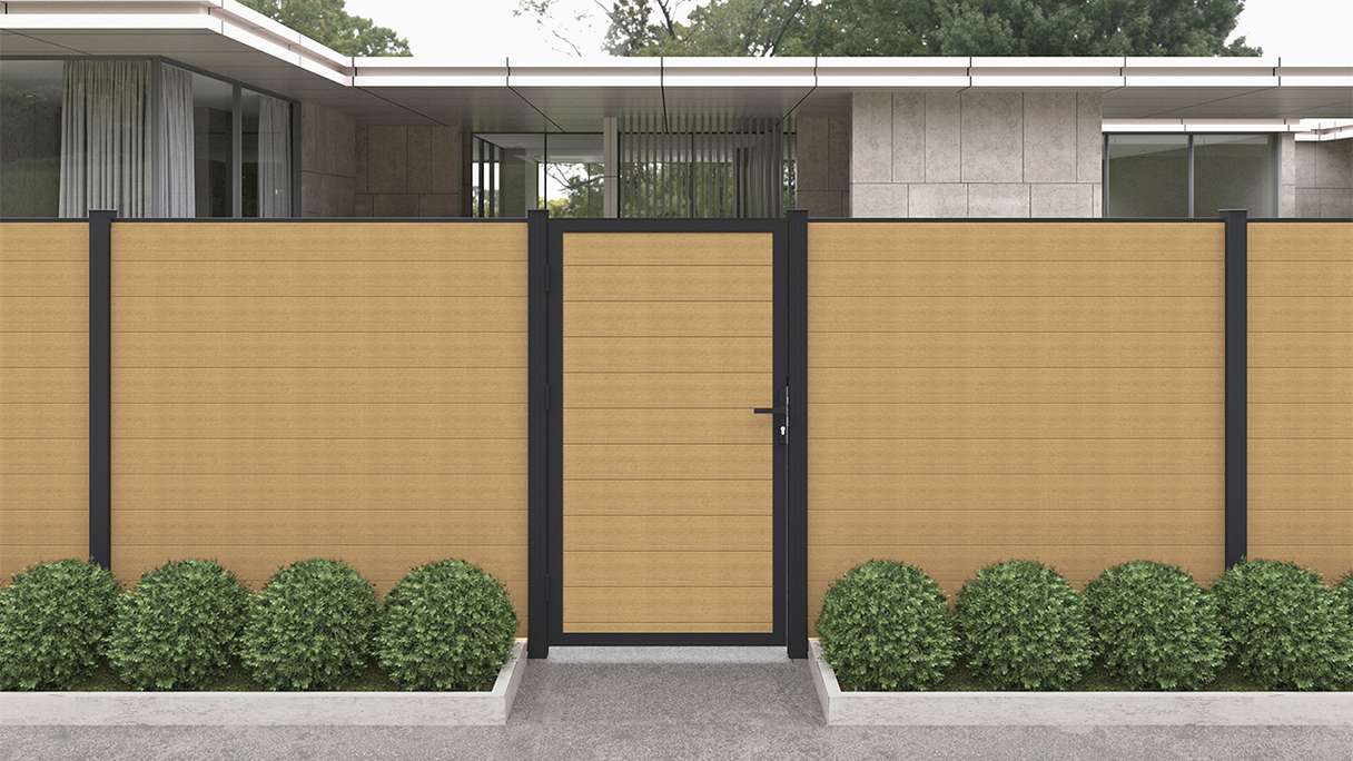 planeo INFINITY - Porte universelle WPC CoEx sable avec cadre alu anthracite 100 x 180 cm