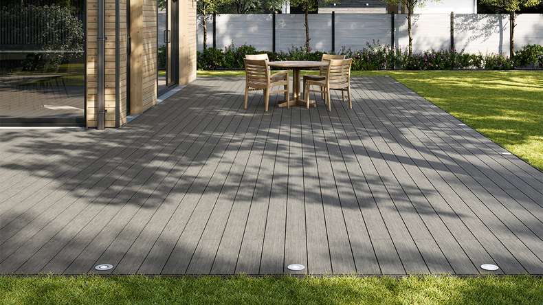 planeo AntikWood Lame de terrasse WPC massif - gris pierre 4.2m vieilli à l'ancienne