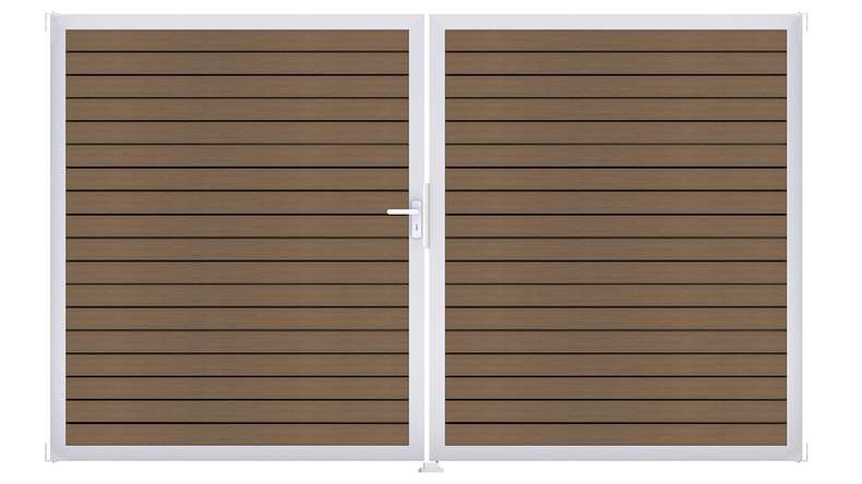 planeo Gardence Trendy - Porte en BPC rhombique - DIN gauche 2 vantaux teck co-ex avec cadre en aluminium argenté | EV1