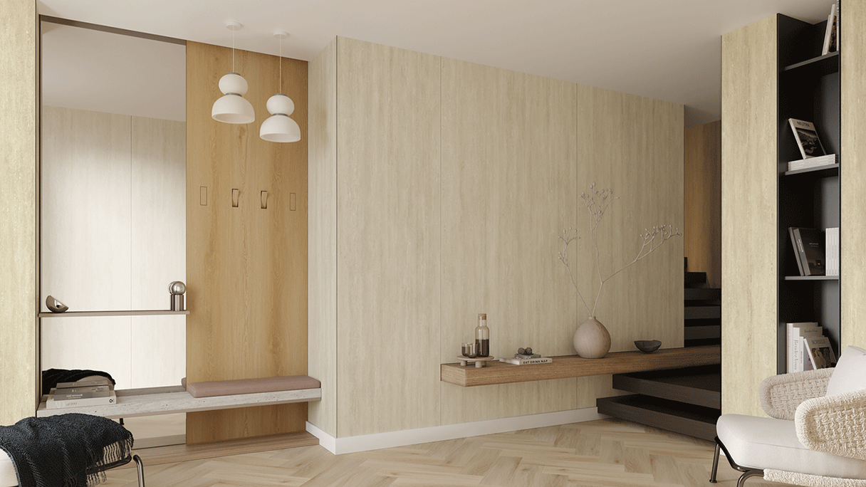 Revêtement mural SPC planeo - CeraRock Tile Stripes Light Travertine XL 280 x 117,5 cm