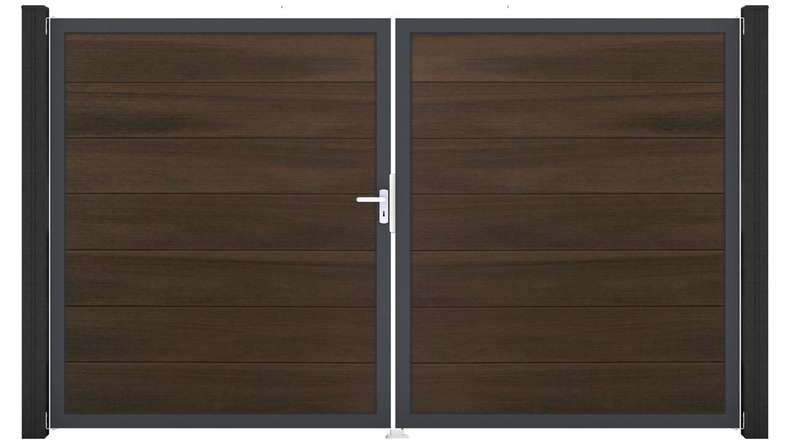 planeo Gardence Strong XL - Portail BPC - 2 vantaux, finition noyer co-ex avec cadre en aluminium
