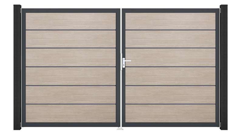 planeo Gardence Simply Premium - Porte PVC - DIN droite 2 vantaux Sheffield Oak avec cadre alu anthracite | DB703 300 x 180 cm