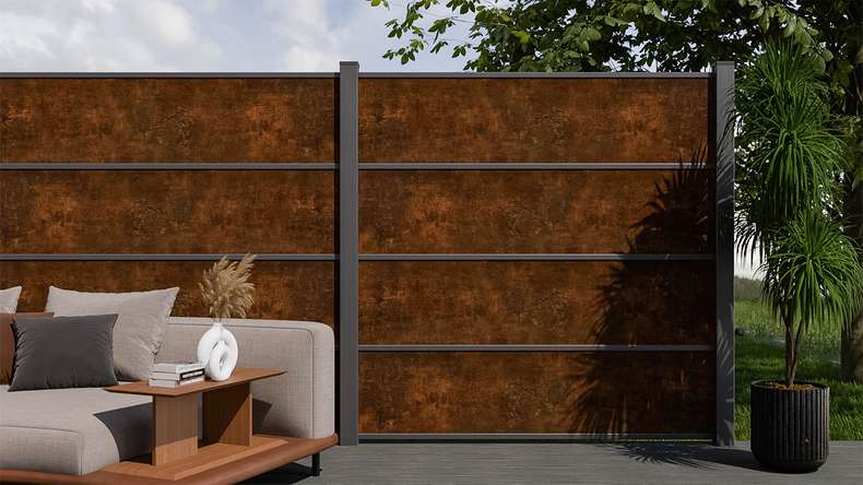 planeo Gardence Resistant - Clôture à emboîter HPL aspect rouille 180 x 183 cm