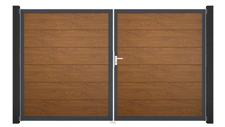 planeo Gardence Simply - Portail en PVC à deux vantaux, couleur Golden Oak, avec cadre en aluminium