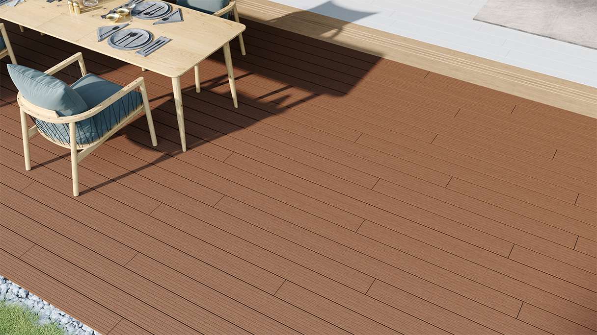 planeo LineWood Lame de terrasse WPC massif - marron clair 3m rainuré/cannelé