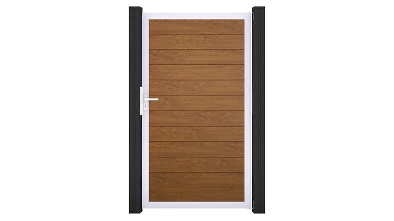 planeo Gardence Simply Small - Portail universel en PVC « Golden Oak » avec cadre en aluminium, 100 x 180 cm