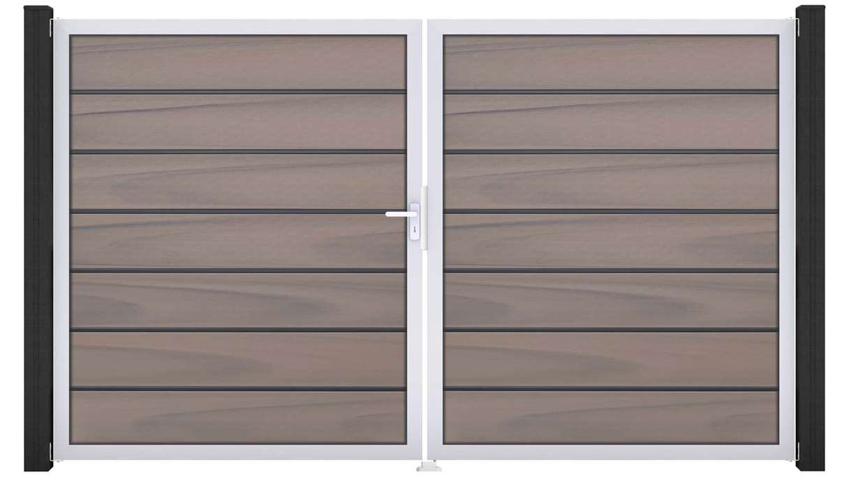 planeo Gardence Deluxe - Portail BPC - À deux vantaux, bicolore, co-extrudé, avec cadre en aluminium