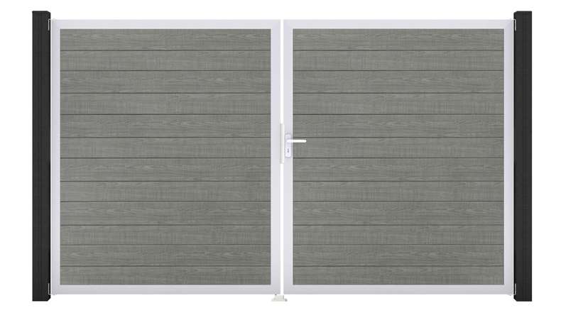 planeo Gardence Simply Small - Portail en PVC à deux vantaux « Grey Ash Cut » avec cadre en aluminium, 300 x 180 cm