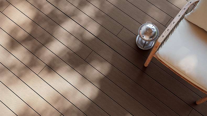 planeo LineWood Lame de terrasse WPC massif - brun foncé 3m rainuré/cannelé