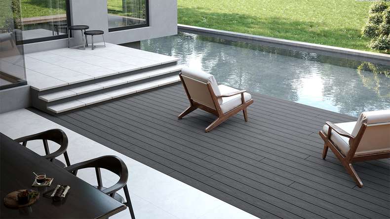 planeo CoEXWood Lame de terrasse WPC massif enrobé - gris anthracite/gris brun 4.2m structuré