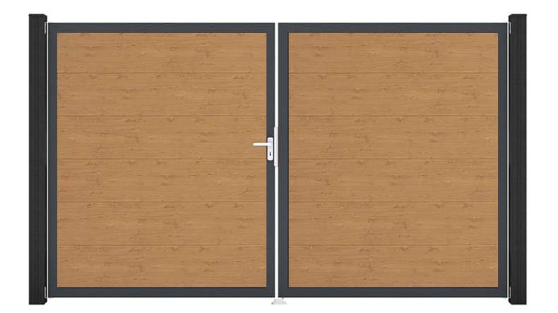 planeo Gardence Simply - Portail en PVC à deux vantaux, finition chêne naturel, avec cadre en aluminium